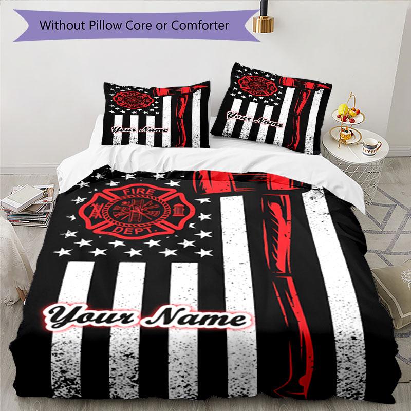 3PC Custom Name Firefighter Pride Flag Bedding Set Duvet Cover Closure Includes 1 Duvet Cover & 2 Pillowcases for Bedroom