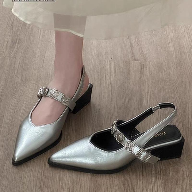 Temperament pointed sandals women's outer wear summer new light mouth commuting metal one-word buckle Mary Jane sandals