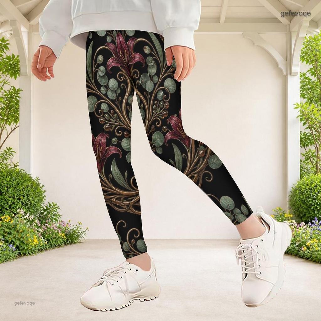 Girls Full Length Fitted Floral Printed Yoga Leggings Stretch Waist