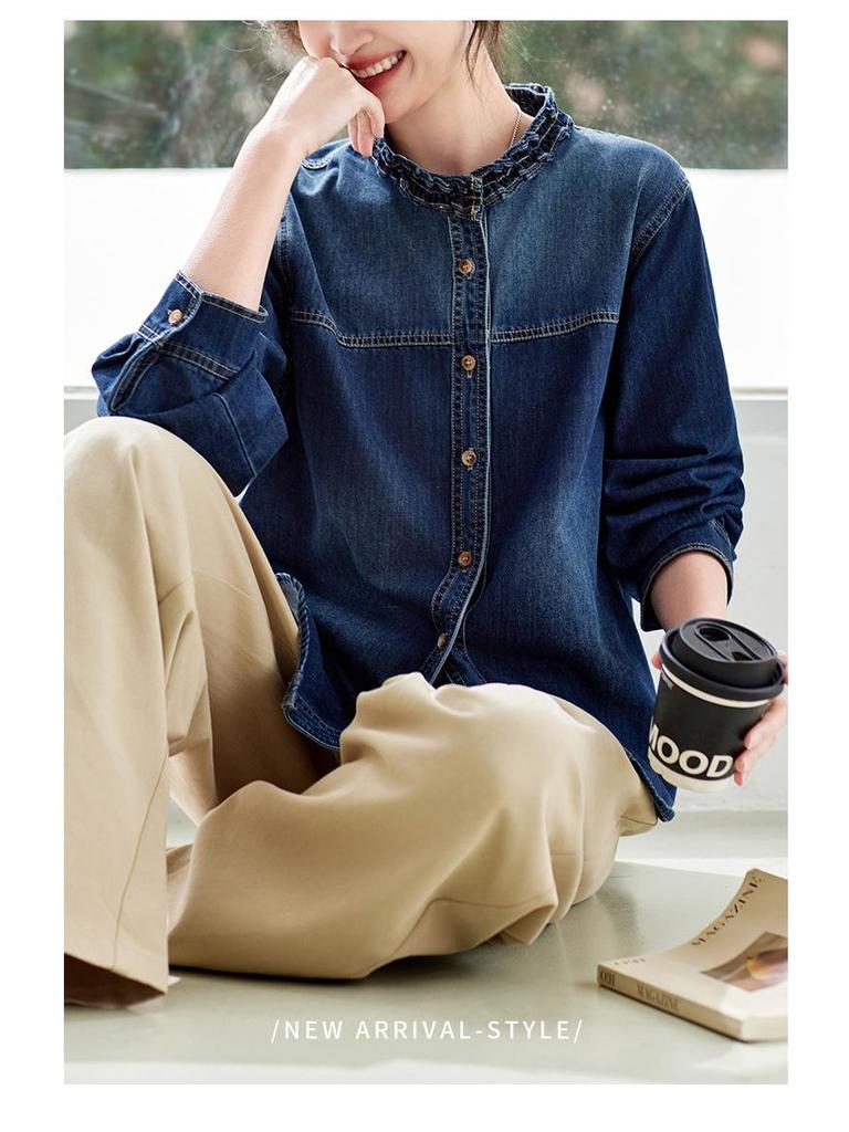 Women's Long Sleeve Retro Blue Denim Shirt Jacket with Ruffled Collar - 2026 Spring Arrival