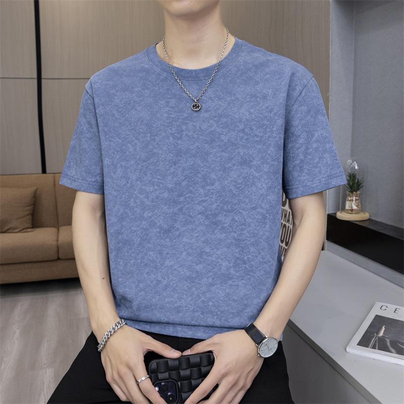 Men Wash Dyed Textured Short Sleeve T Shirt Crew Neck Loose Fit Casual Solid Tone Basic Top