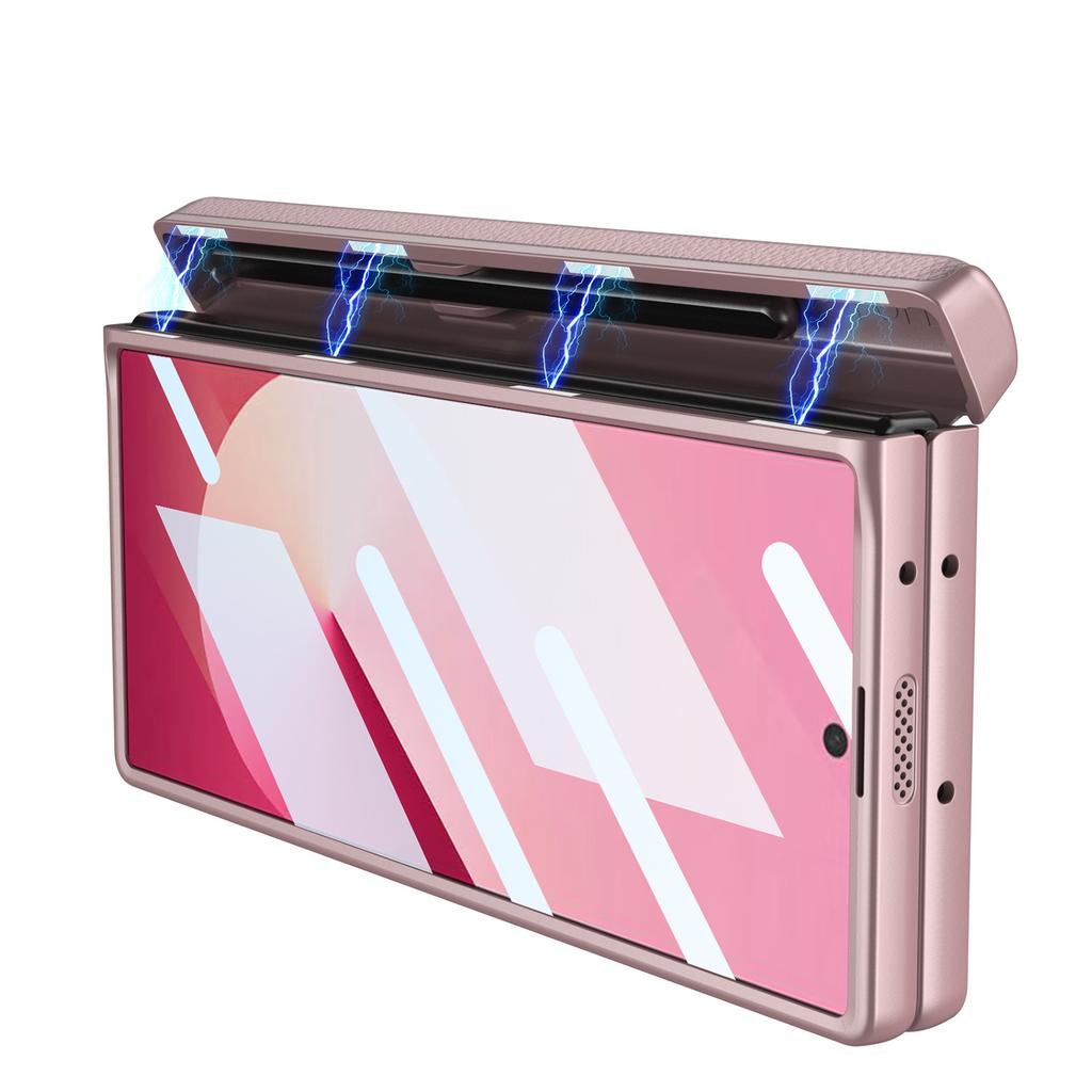 Samsung Fold6 Mobile Phone Case Full Inclusive Anti Fall Magnetic Suction Hinge Folding Rotating Shaft Plain Leather Pen Case Shell Film Sleeve