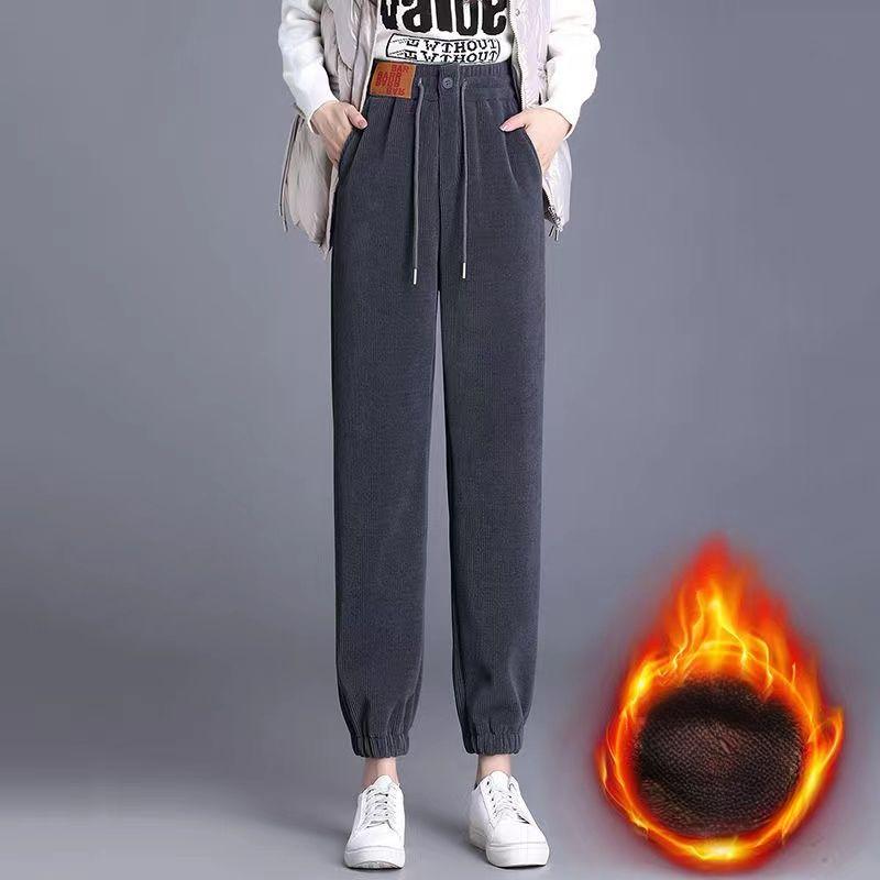 Dámská podzimní a zimní móda Elegantní jednobarevné elastické pasové kapsy Stahovací šňůrka Plyšové zahuštěné Dlouhé volné harlanové ležérní kalhoty