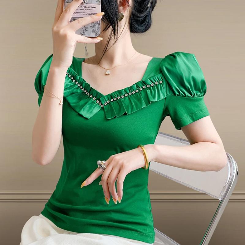 Fashion Summer Ladies Cotton T-shirt Elegant Short Sleeve Women Brand Top Shirts Chic Sexy Square Neck Ruffles Hot Diamonds Tees