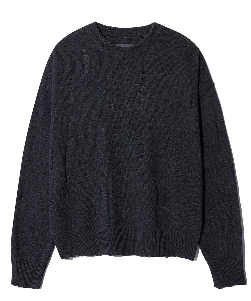 ULKIN Damaged Round Neck Knit_Charcoal