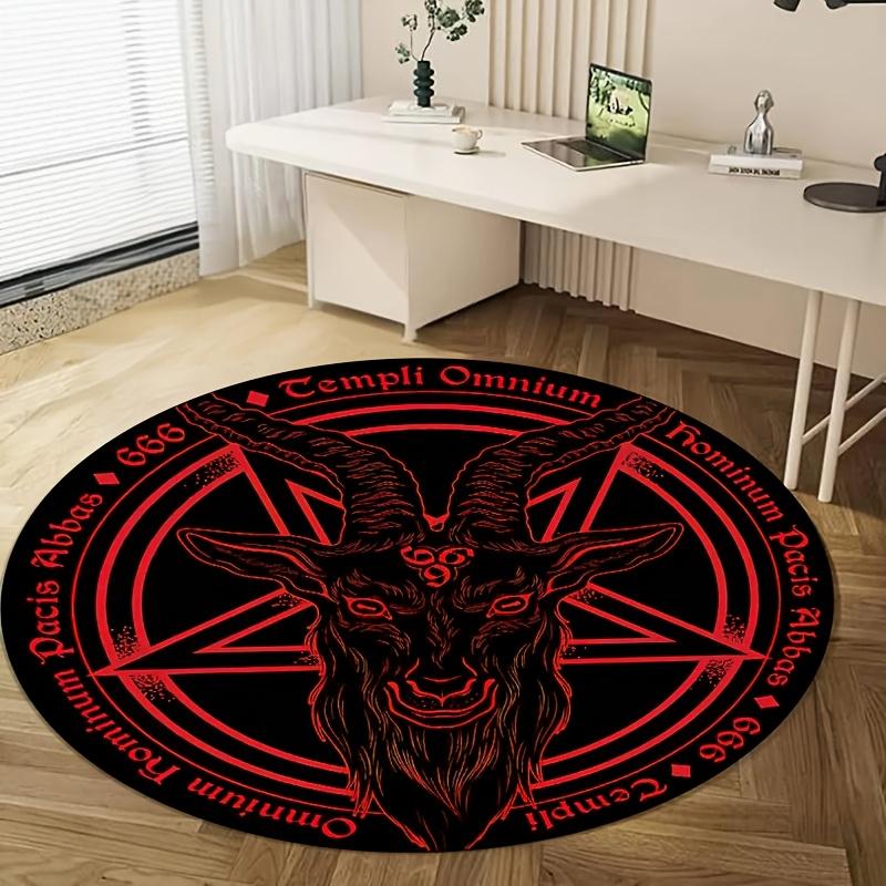 Polyester Baphomet Devil Sheep Head Circular Mat-Black&Red Design with Pentagrams,Perfect for Living Room,Bedroom,Office,or B