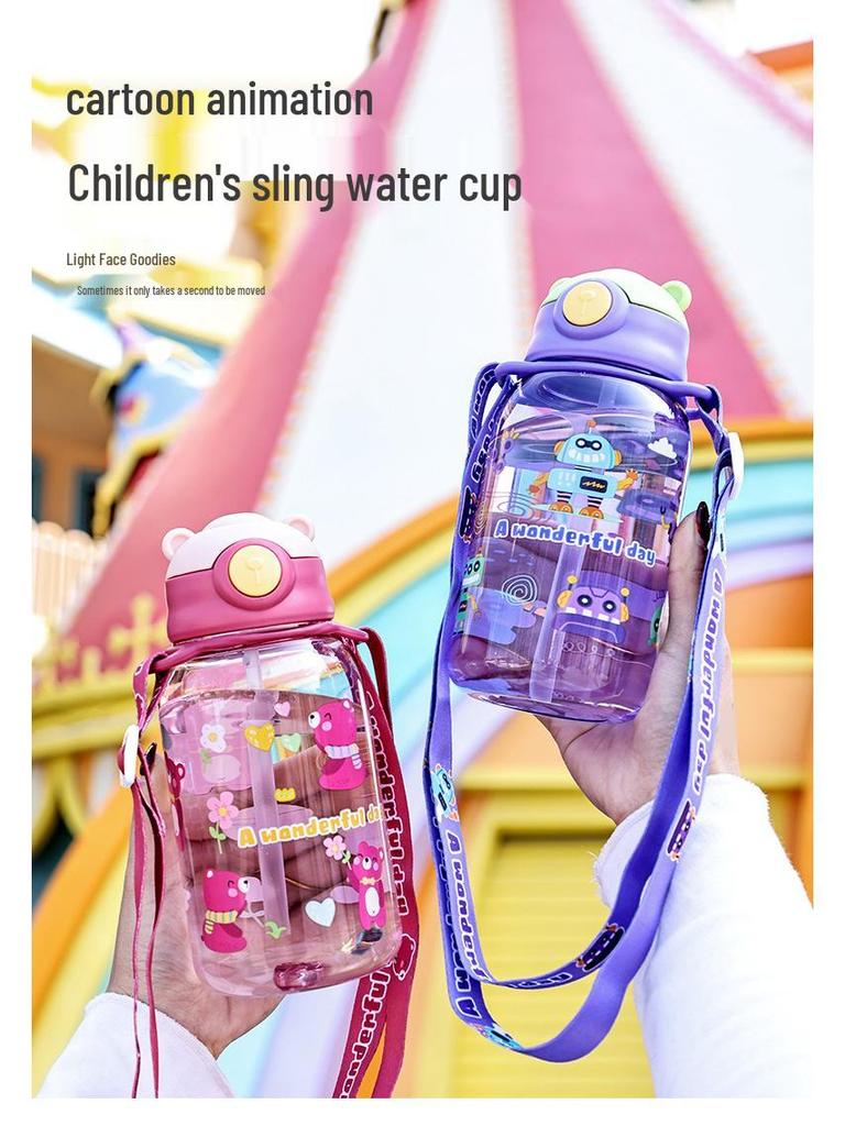 Portable Children's Straw Water Bottle with Strap for Elementary Students