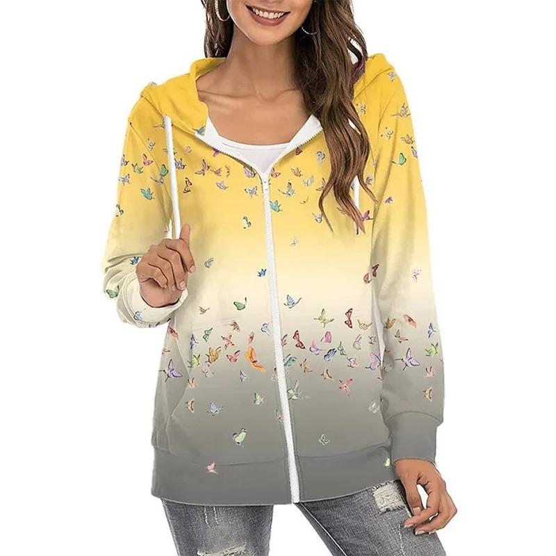 Women Fashion Loose Casual Thin Zip Up Hoodie Jacket Drawstring Printed Long Sleeve Sweatshirts Autumn Winter Female Blouse