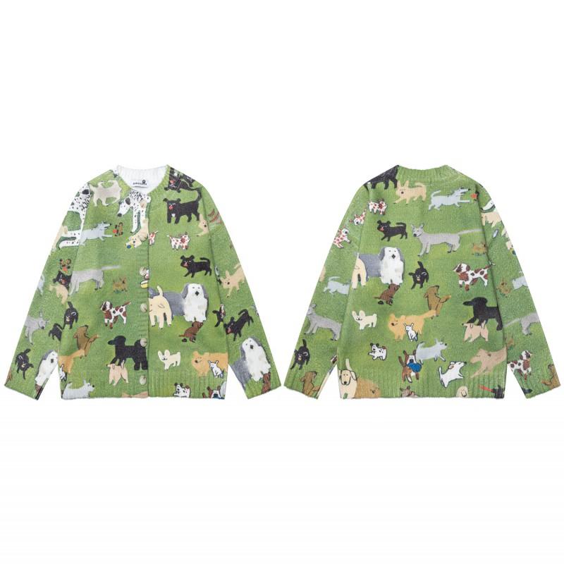Unisex Vintage Americký Styl Pletený Svetr Cardigan s Potiskem Psů Volný Střih Kulatý Výstřih Dlouhý Rukáv Podzimní Oblečení