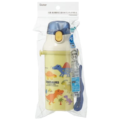Skater Children's Water Bottle, 480ml, Direct Drinking, Plastic, One-Touch Operation, Dishwasher Safe, Made In Japan, Dinosaur Picture Book, Dinosaur