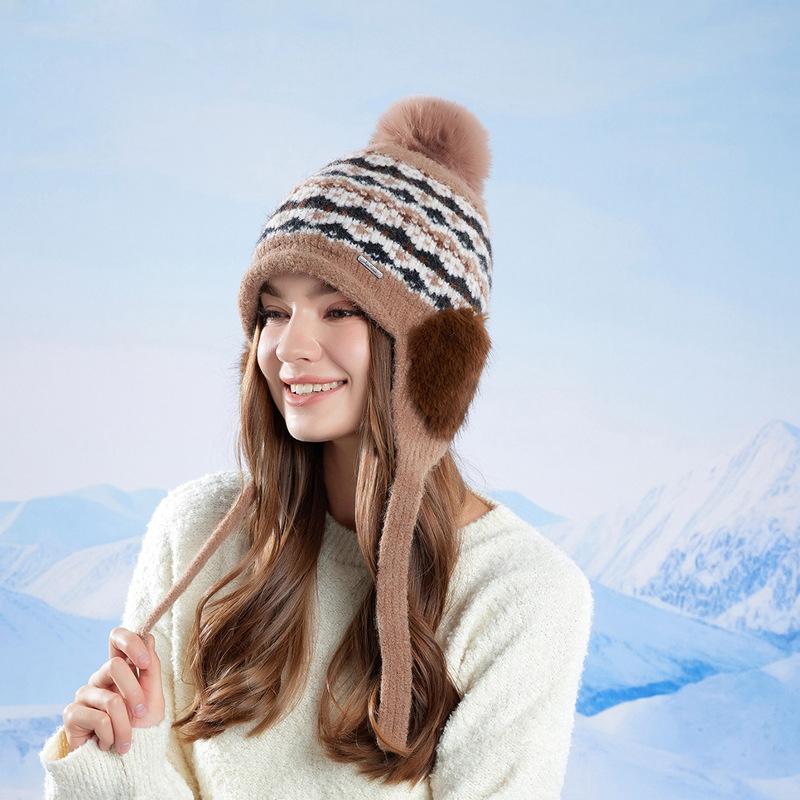 Winter Outdoor Cold-Proof Bomber Hat Big Head Circumference Knitted Wool Hat Women Velvet Warm Ear Protection Cap