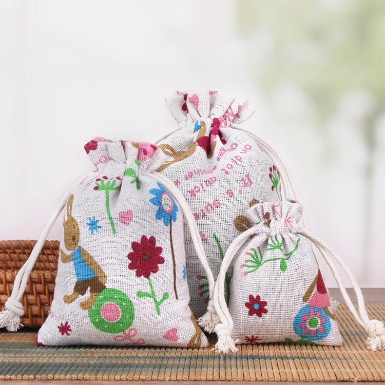 10Pcs/lot (10x14cm/13x18cm) Linen Printed Cotton Gift Bags Cute Creative Pattern Wedding Party Jewelry Gift Storage Bag Reusable