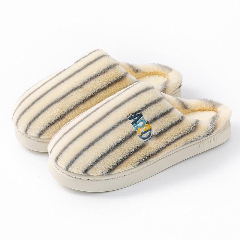 Simple striped cotton slippers couple autumn and winter 5 new indoor home warm fleece non-slip cute wool slippers