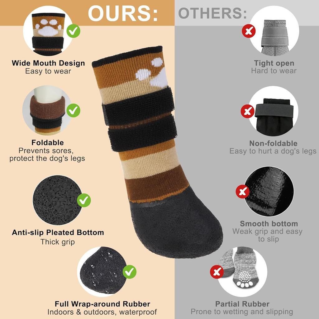 BEAUTYZOO Anti Slip Dog Socks Boots to Prevent Licking Paws, Waterproof Dog Shoes for Winter Snow/Hot Pavement, Grippy Socks with Double Straps for