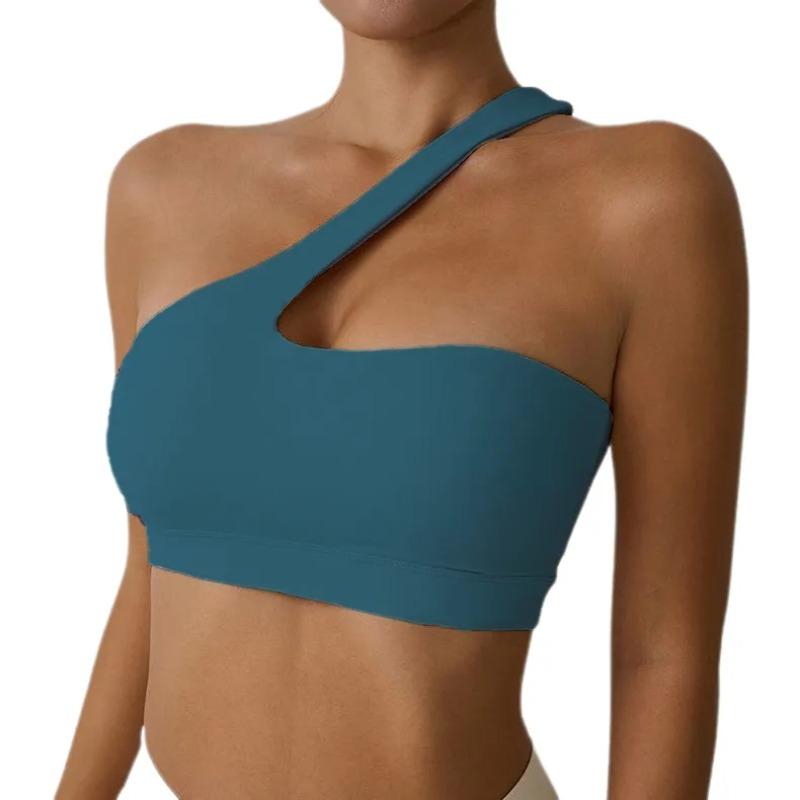 Women One Shoulder Sports Bra Built-in Padded Yoga Top High Elastic Nylon Spandex S