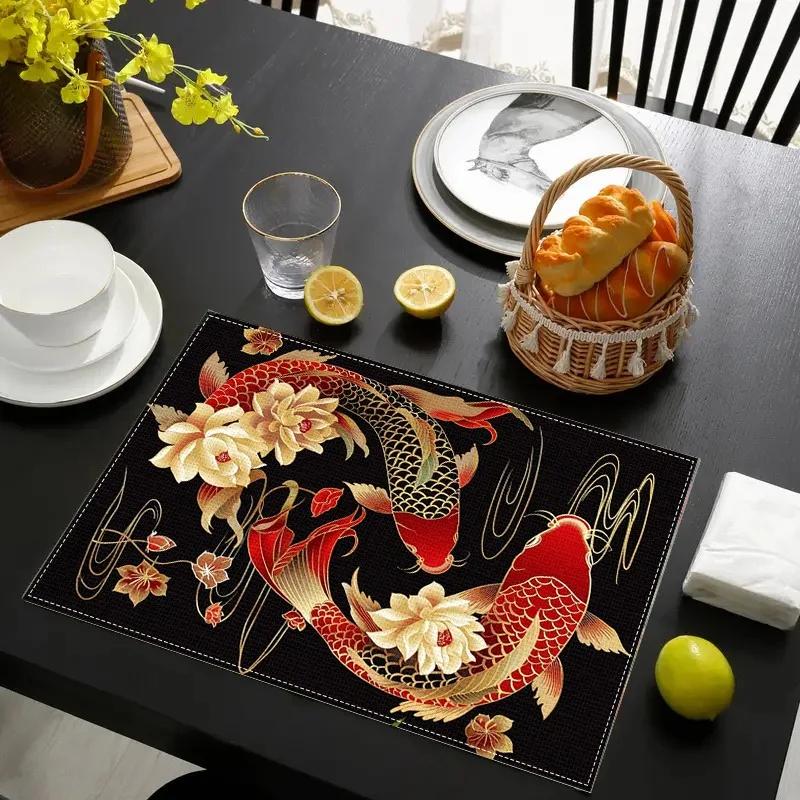 4-Piece Koi Print Linen Placemat, Washable, Universal Placemat for Home Coffee Table & Dining Table