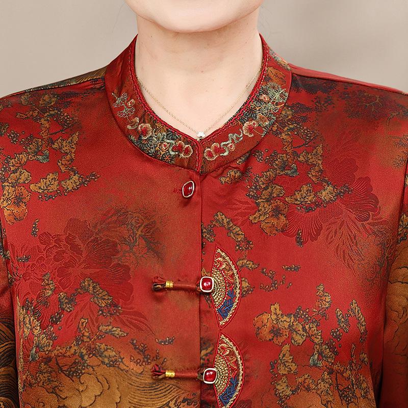 Babiččina letní košile ve stylu Tang pro ženy - Stojáček, módní top pro maminky středního věku a starší