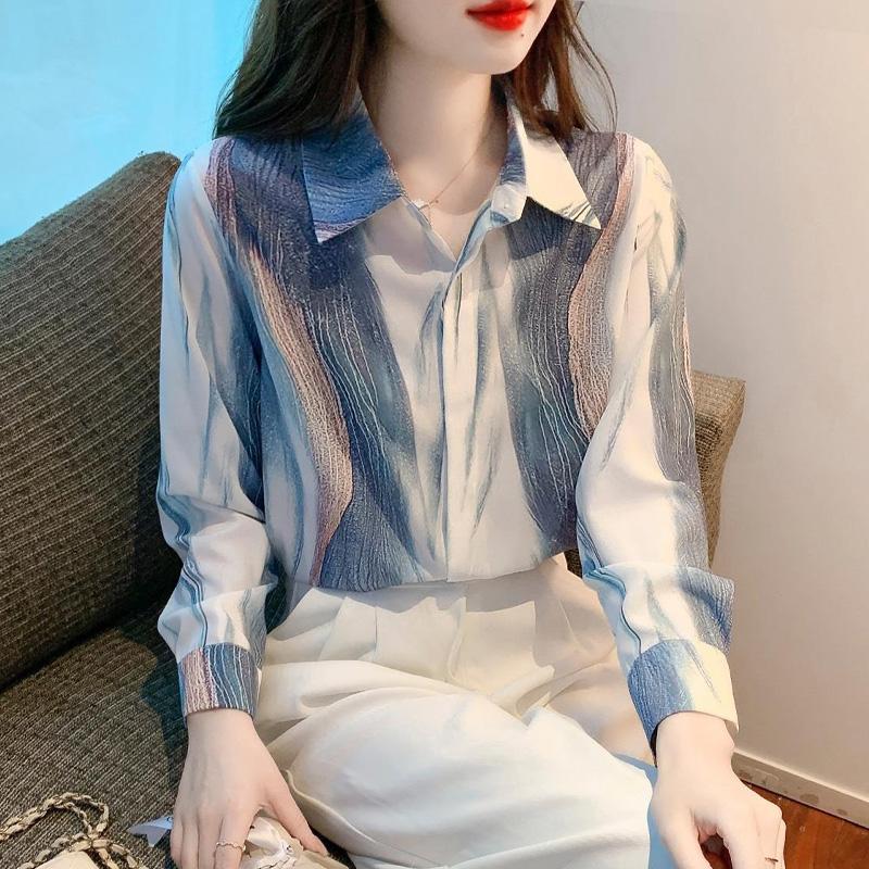 

Осенняя Блузка с Принтом Дизайнерского Чувства для Пожилых Женщин Новая Классическая Шифоновая Рубашка-Пуловер с Длинным Рукавом и Воротником Поло XXXL синий