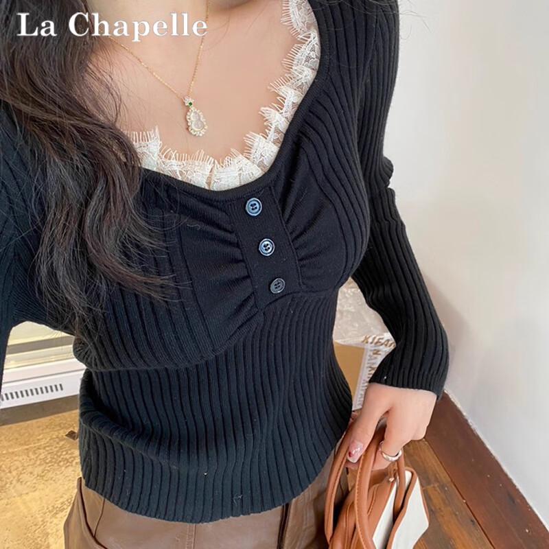 La Chapelle Damen Strick V-Ausschnitt Basisschicht Top mit Spitzenbesatz