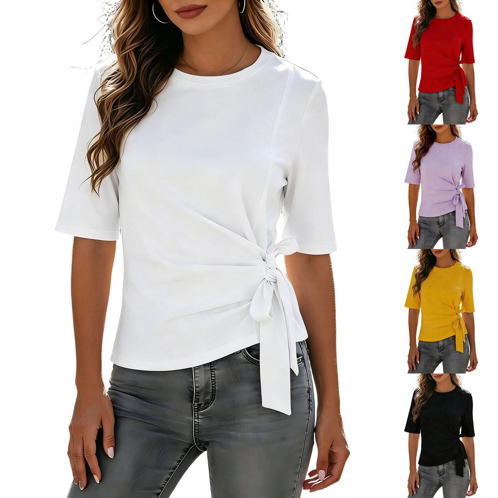 Women's Short Sleeve Crew Neck T Shirt with Side Tie Waist Casual Fit Summer Top for Everyday Wear