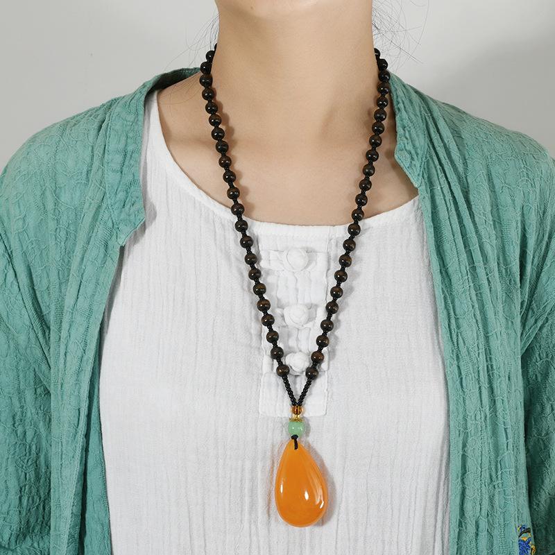 Wood Bead Beeswax Necklace No Matter Brand Pixiu Pendant Chicken Oil Yellow Amber Men's and Women's Long Sweater Chain Pendant