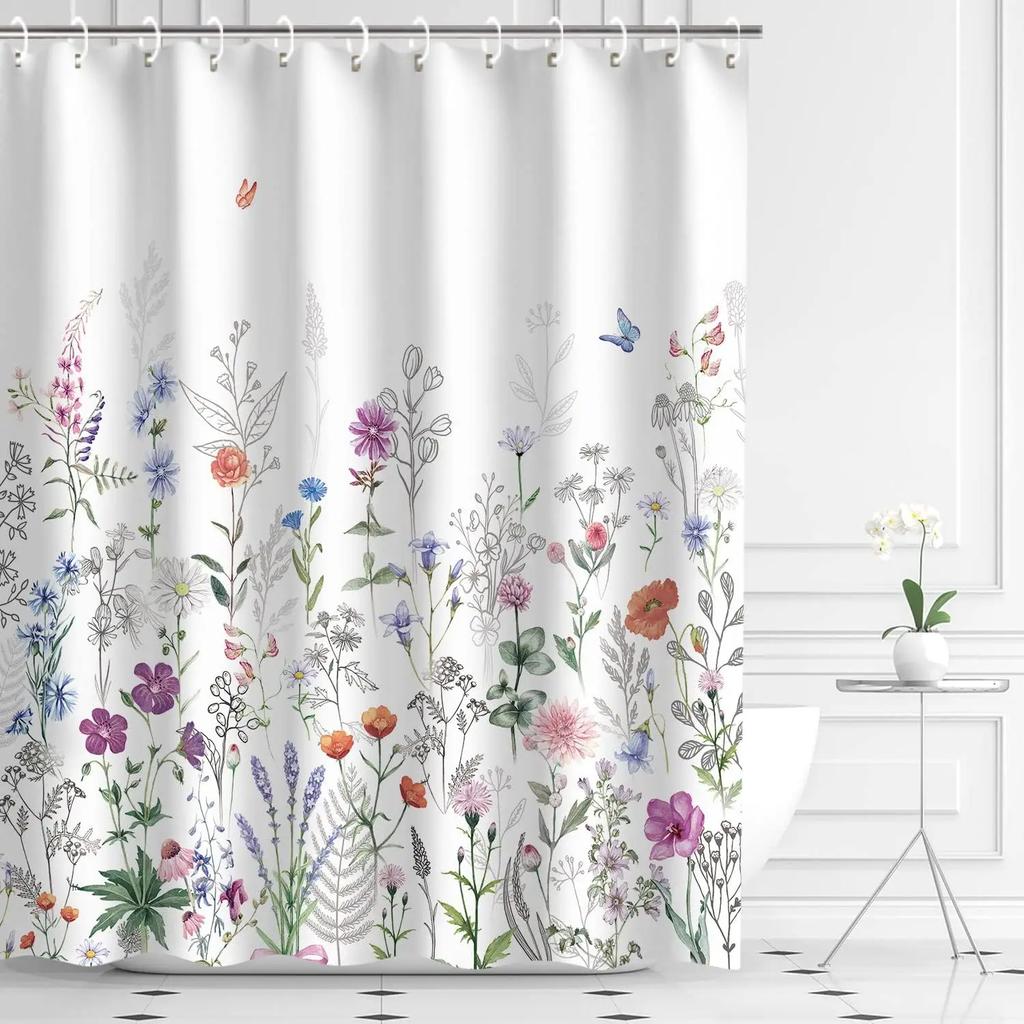 Bathroom Floral Shower Curtain, Retro Flower Farmhouse Flower Plant Butterfly Animal Bohemia, Bathtub Shower Curtain With Hook.