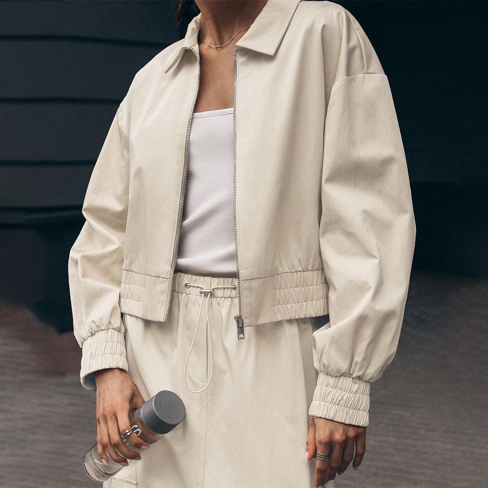 

Женская осенне-зимняя новая однотонная повседневная куртка на молнии с длинными рукавами и лацканами M бежевый