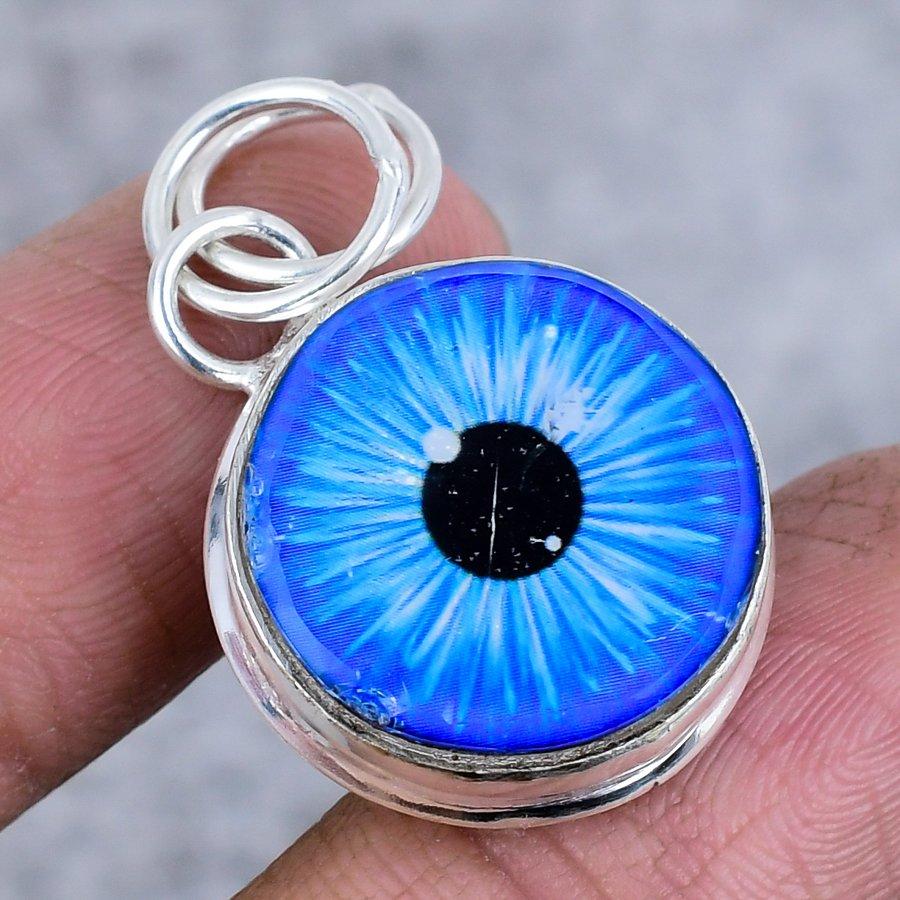 Blue Evil Eye Gemstone 925 Sterling Silver Jewelry Pendant 1.46"