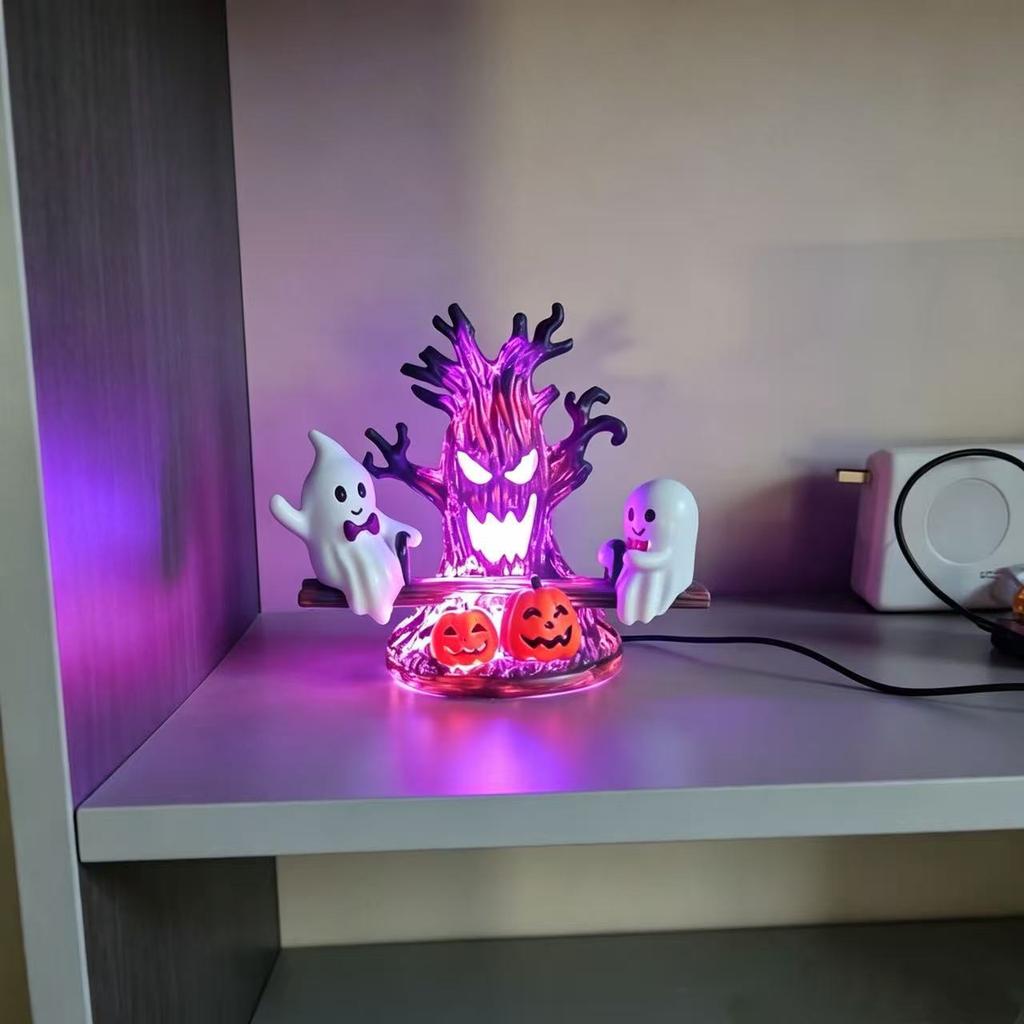 Halloween Seesaw Night Light, Colorful Glowing Resin Tree Pumpkin Decor for Bedroom Desk Fall Decoration