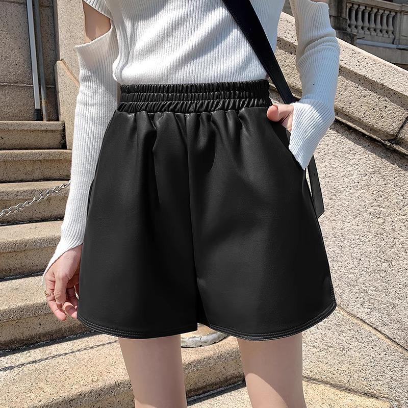 

Женские брюки с высокой талией из искусственной кожи с широкими штанинами черного цвета - Шорты А-силуэта свободного кроя в корейском стиле L чёрный