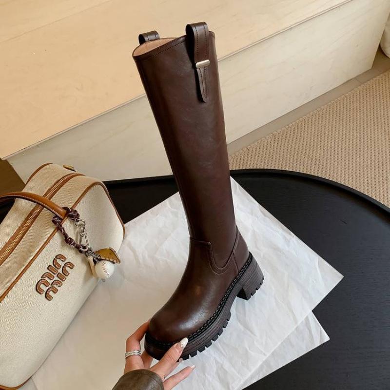 Autumn and winter women's leather boots leather large size knight boots thick-soled rear zipper high boots new middle heel round head women's boots
