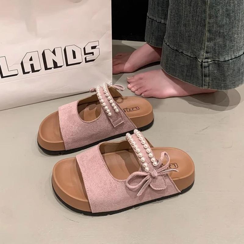 

2025 Spring New French Bow Toe Slippers Women s Outer Wear Platform Thick Bottom Half Slippers Fairy Style Shoes 40 розовый