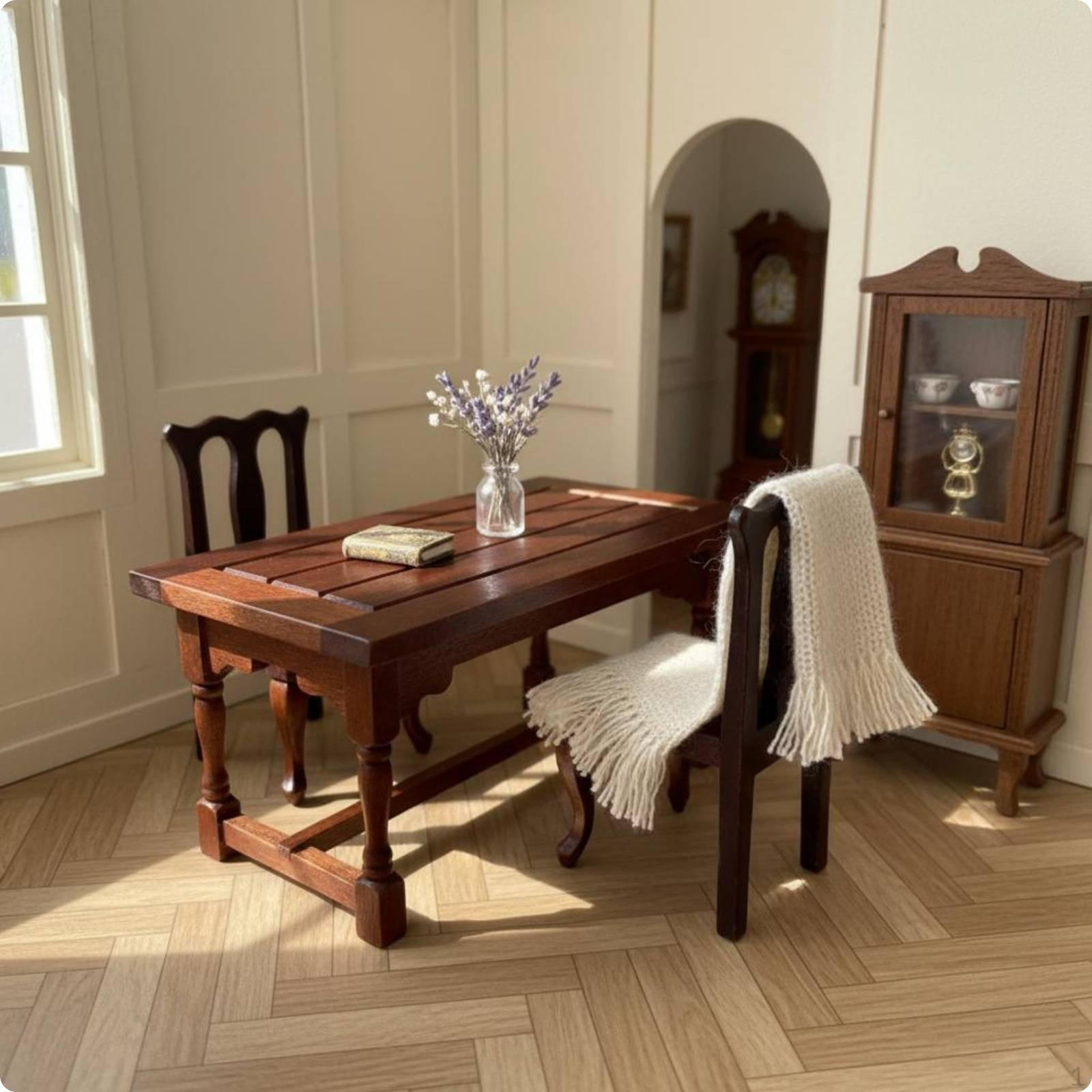 1:12 Scale Dollhouse Table and Chairs Vintage Style Wooden Miniature Dining Room Set Wood Grain