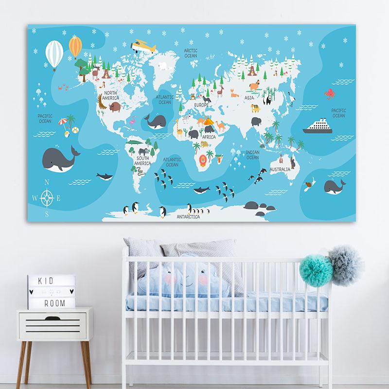 Cartoon Ocean Animal World Map Wall Art Canvas Painting Nordic Posters And Prints Nursery Wall Pictures For Kids Room Decoration