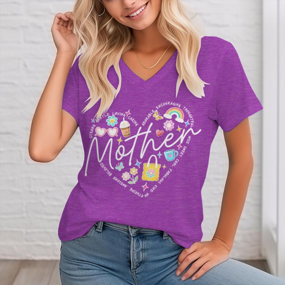 Mother V-Neck T-Shirt Heart Graphic with Positive Words Printed T-shirt Soft Mom Life Tee Mother Inspirational T-Shirt
