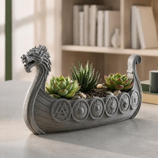 Zahradní Balkonová Rostlinná Dekorace Viking Longship Květináč, Dračí Loď Vnitřní Držák na Kaktusy Dekorativní Vzdušný Květináč Vzdušné Rostliny, Rustikální Severský