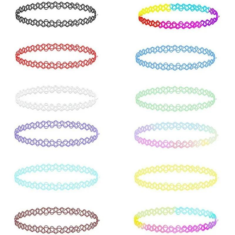12Pcs Colorful Neck Tattoo Choker Elastic Women Necklace Punk Tattoo Choker Stretch Necklace Jewelry Girls Chokers Necklaces