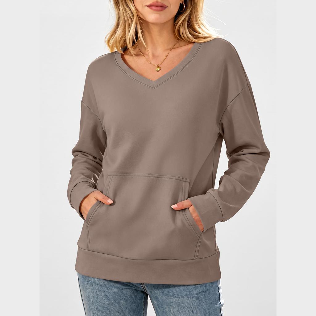 Women's Casual V-Neck Long Sleeve Pullover Sweatshirt with Pockets