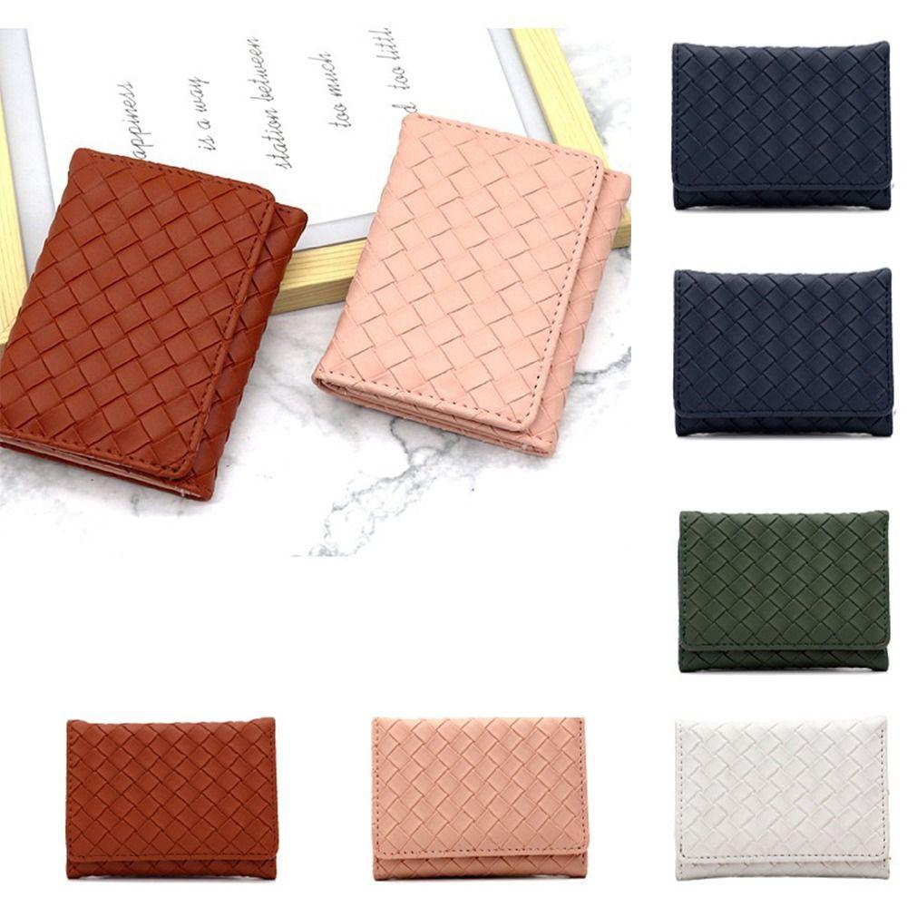 

Korean Style Woven PU Short Wallet Solid Color Short Wallet Casual Card Holders Clutch Travel