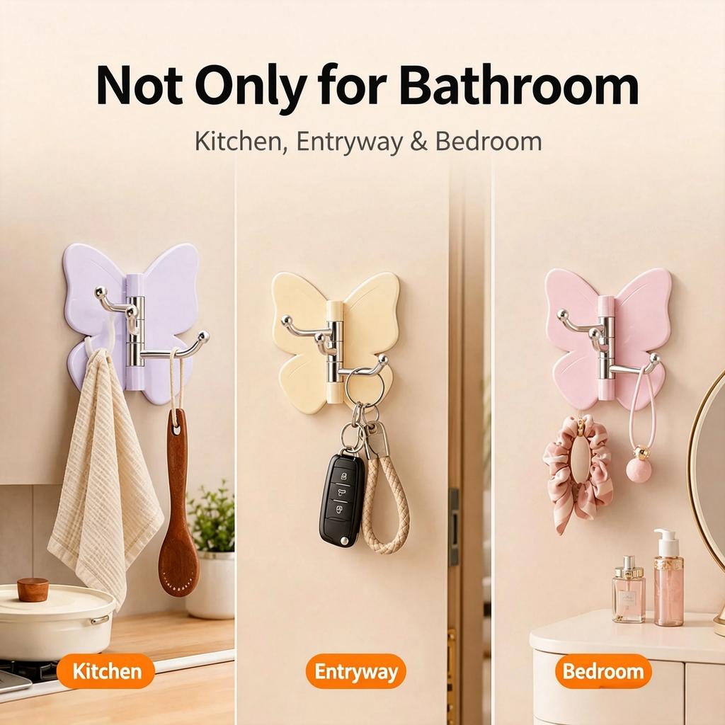 No Drill Butterfly Adhesive Hook, 3 Arms Rotating Hanging Hook, Household Decorative Storage Hanger for Bathroom Closet Kitchen