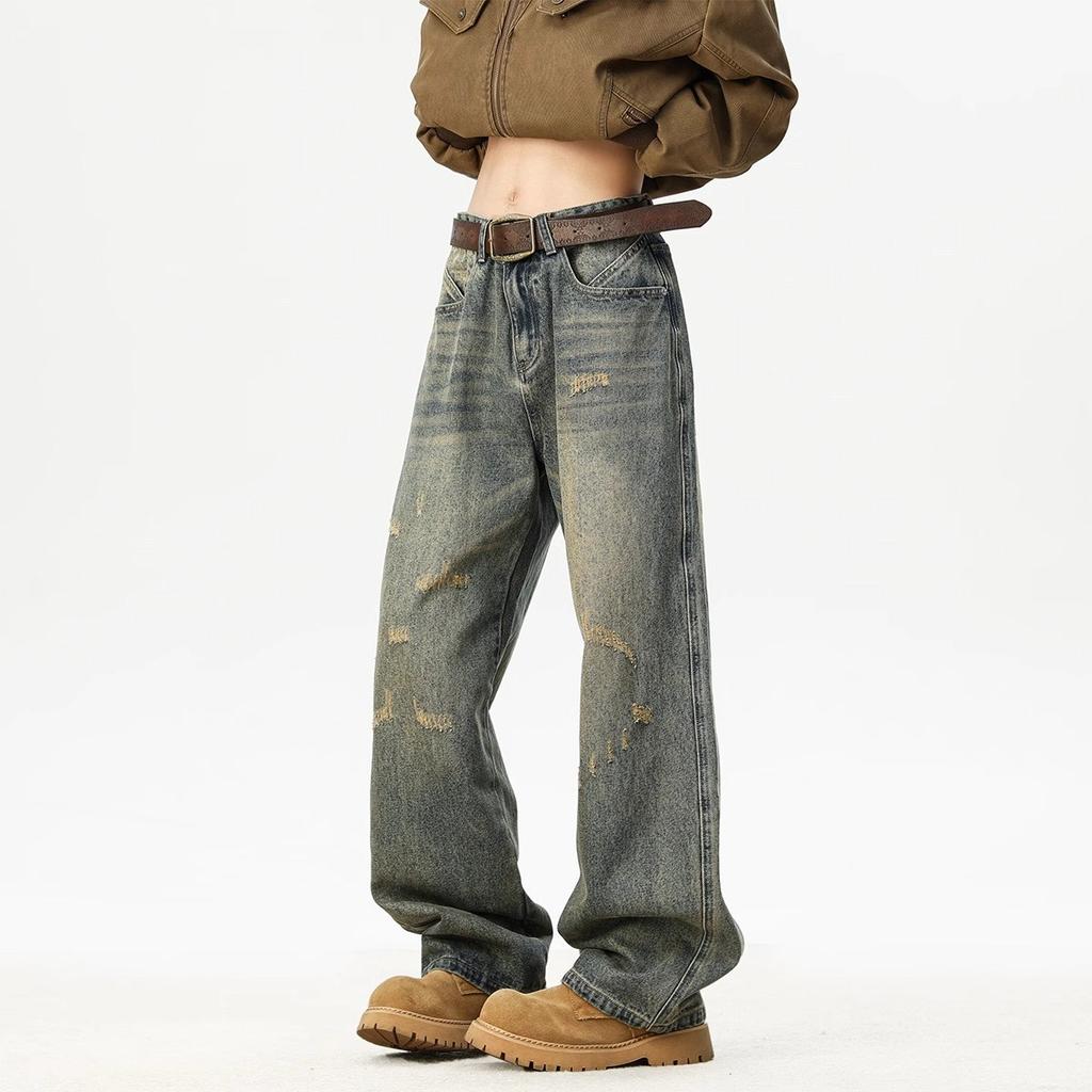 Washed old style pants men's and women's spring and summer loose American retro rough edge straight loose wide-leg jeans