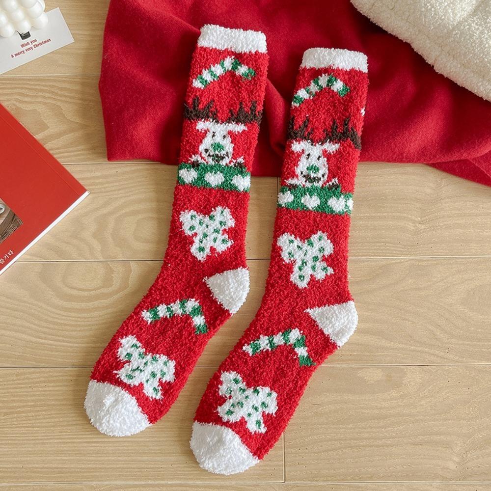 Snowflake Elk XmasTree Christmas Stocking Coral Fleece Thicken Floor Socks Fluffy Socks  For Women
