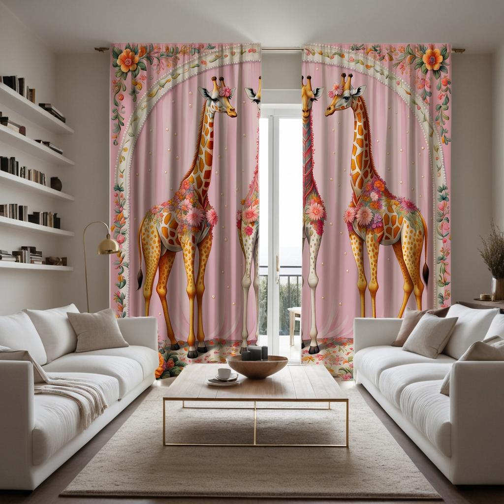 2 Stück HD Girly Puderblumen Dekoration Giraffe Dekovorhang Rosa Bindeband Digital bedruckter Vorhang Heimdekorationsstil