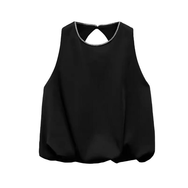 Fall and Winter New Women's Clothing Fashion Wind Open Back Balloon Version round Neck Sleeveless Short Tops 9647606