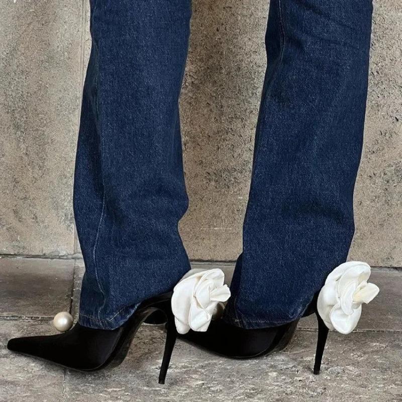 Fashion Black Satin High Heels Slippers New Spring and Summer Pearl High Heels Stiletto Heels Women's Stiletto Party White Rose Sandals