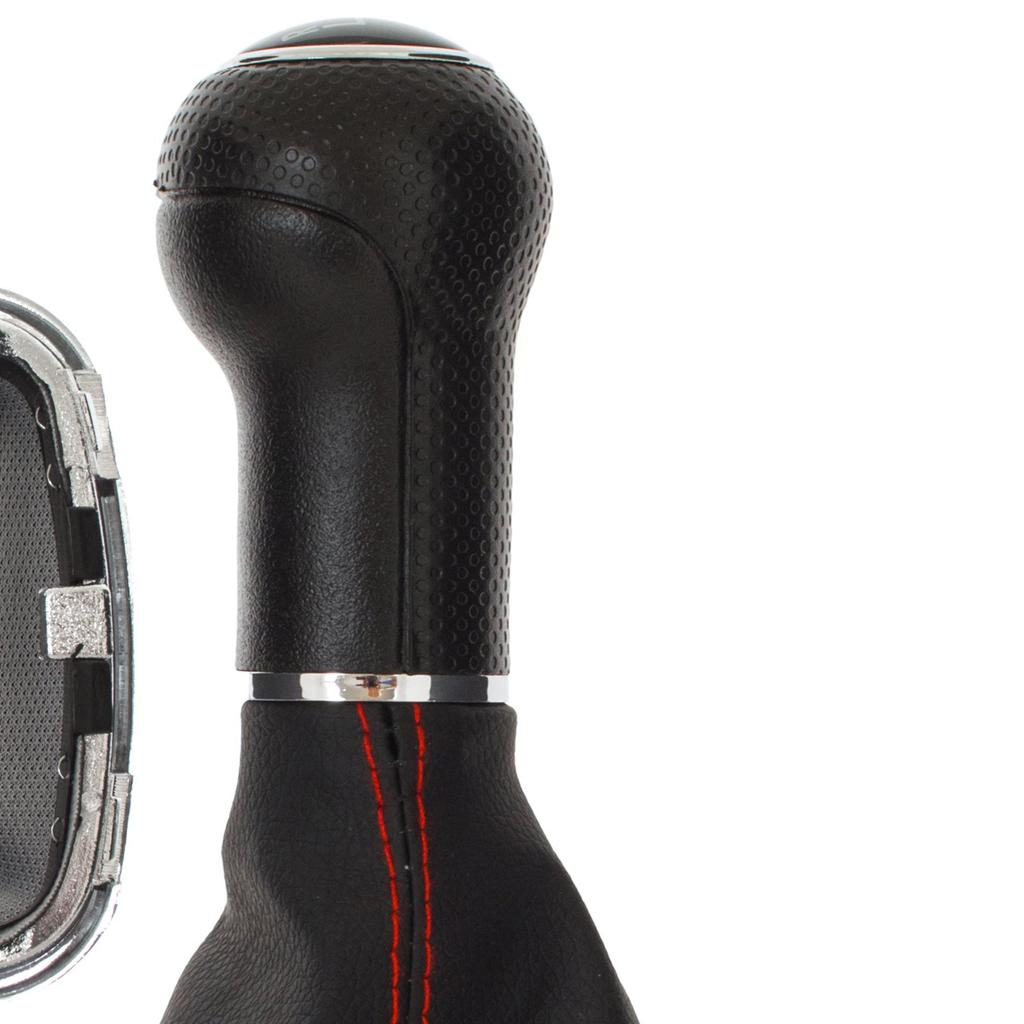 VW Golf IV 97-03 Gear Shift Knob With Boot, Red Stitch & Chrome Frame, 5-Speed, 12mm Hole