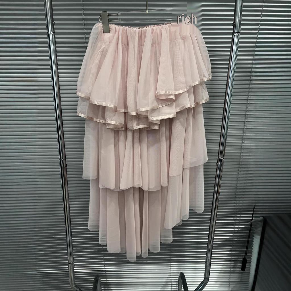Spring 2026 High-Waist Multi-Layer Irregular Long Fluffy Skirt with Side Slit