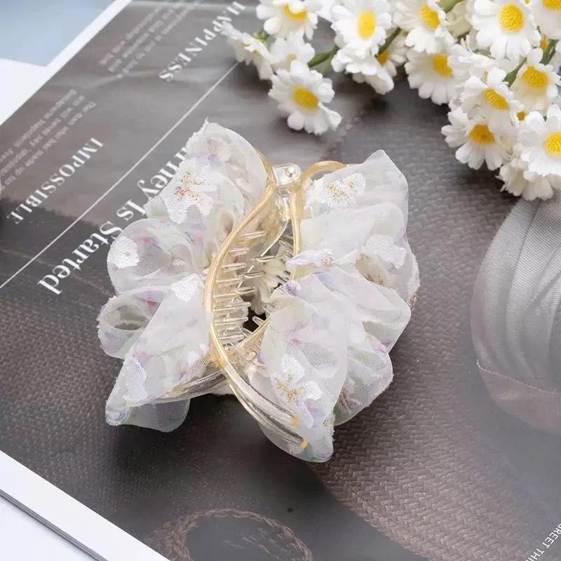 

1 шт. Высококачественная клипса из плиссированного шифона с принтом, большая новогодняя заколка для волос, пучок волос на затылке, заколка-акула, аксессуар для волос