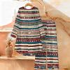 Distressed Floral Print Two Piece Outfit Women Long Sleeve Irregular Hem Tunic Top Wide Leg Pants Casual Matching Set
