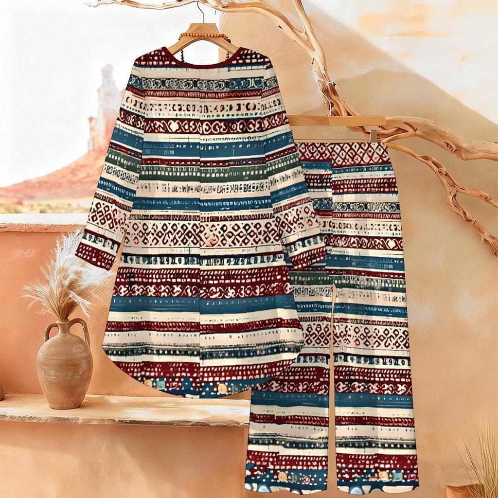 Distressed Floral Print Two Piece Outfit Women Long Sleeve Irregular Hem Tunic Top Wide Leg Pants Casual Matching Set